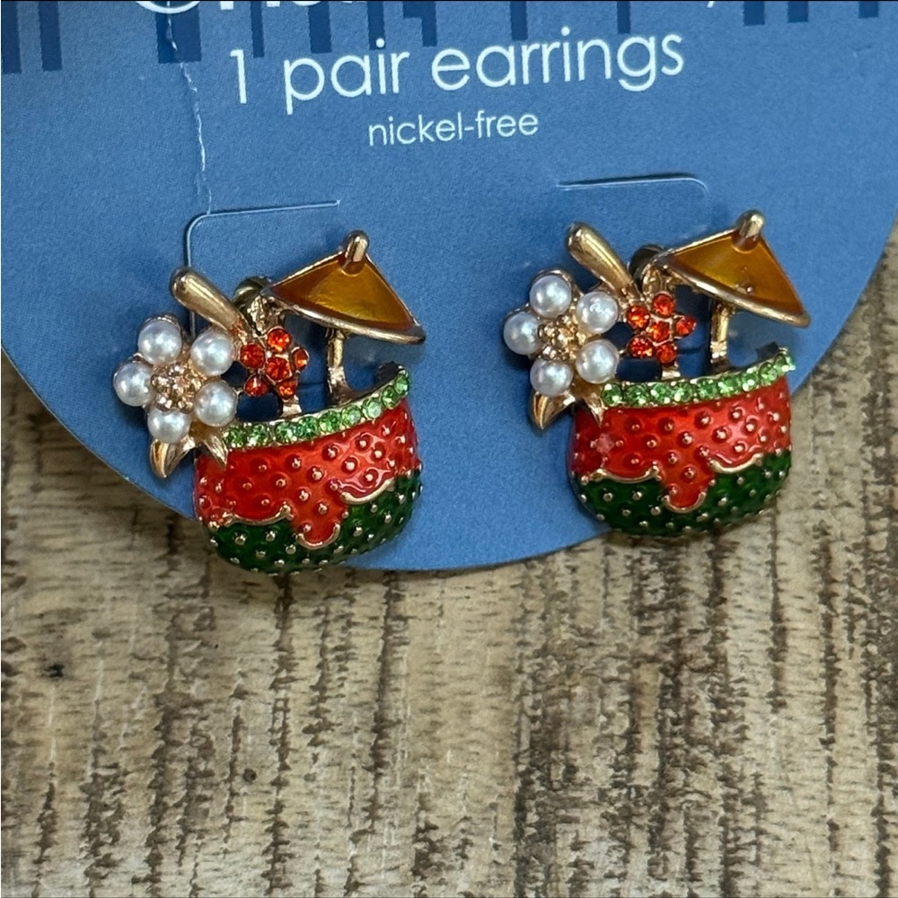 Colorful Cocktail Drink Earrings with Pearl Accents and red stones.